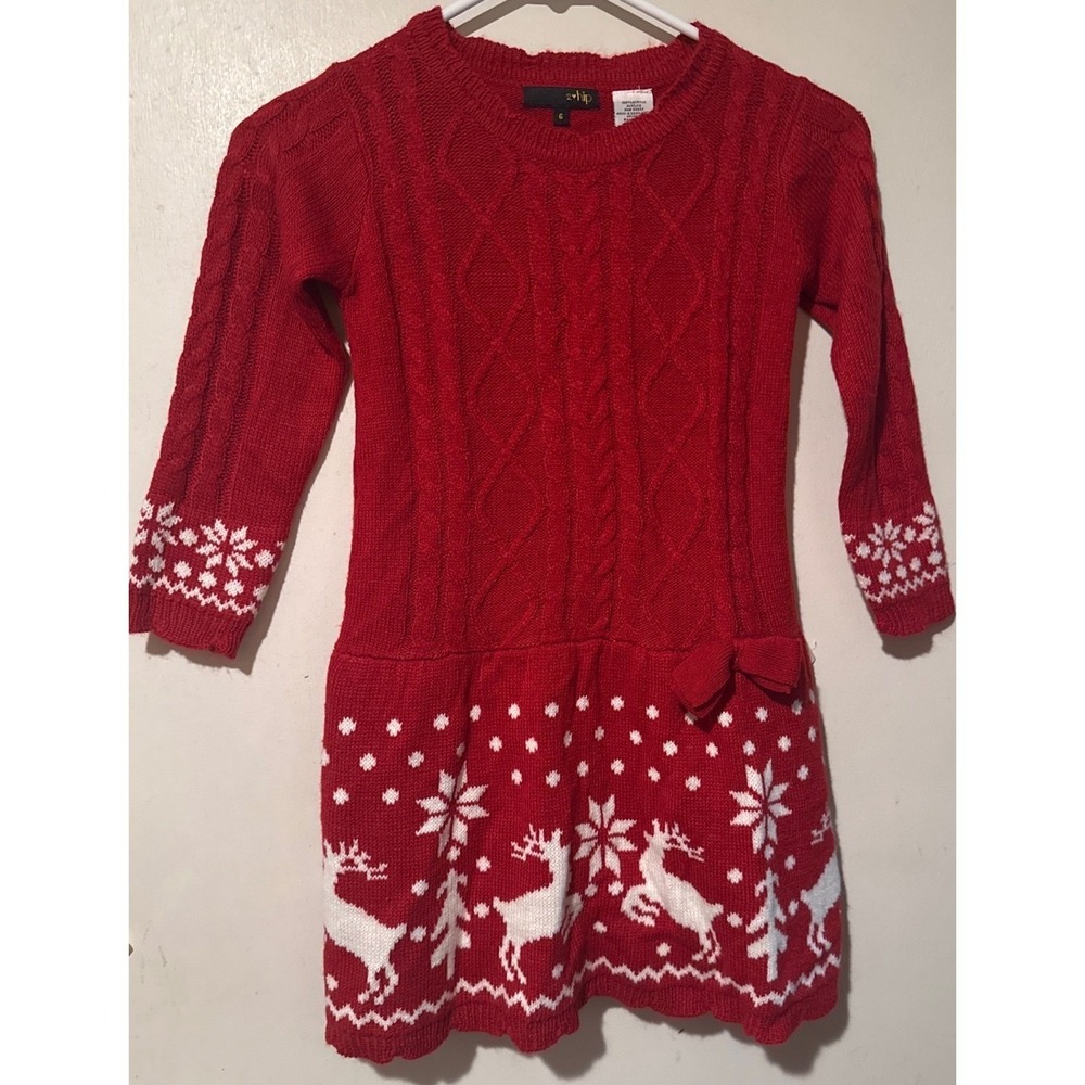 2-Hip Kids Red Cable Knit Reindeer Snowflake Christmas Sweater Dress Size 6